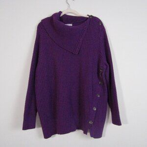 Woman Within Waffle Knit Sweater 1X Purple Buttons Modern Cozy Foldover Collar